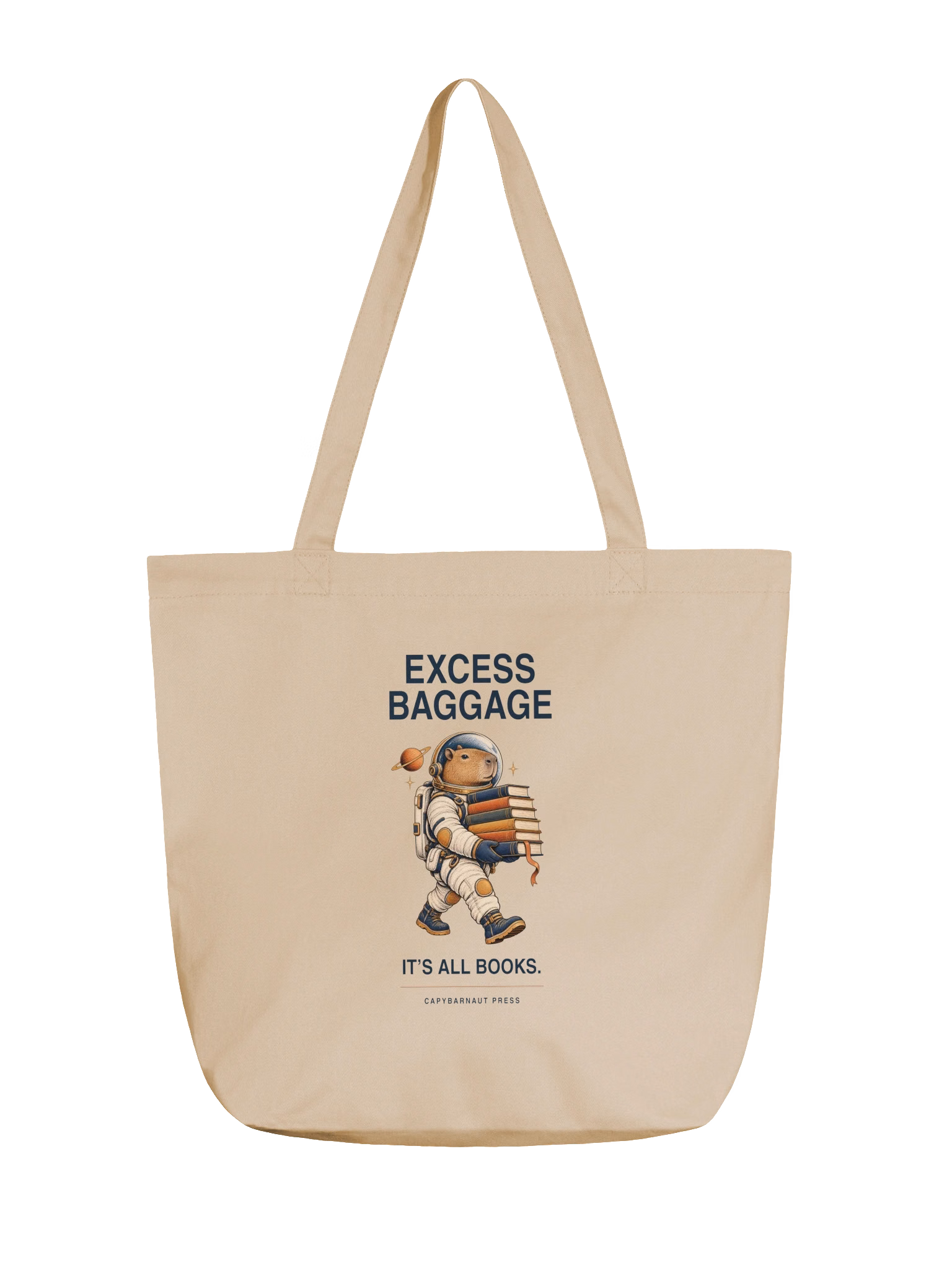Supplier product view of the oyster Excess Baggage Tote with its printed artwork