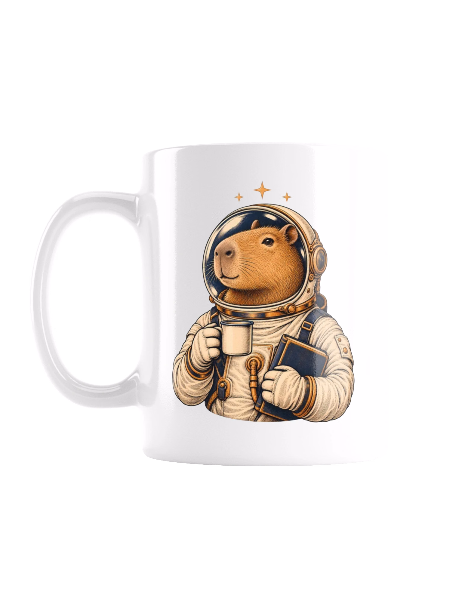 Supplier product view of the white Fiction Fuel Mug with the printed Capybarnaut artwork
