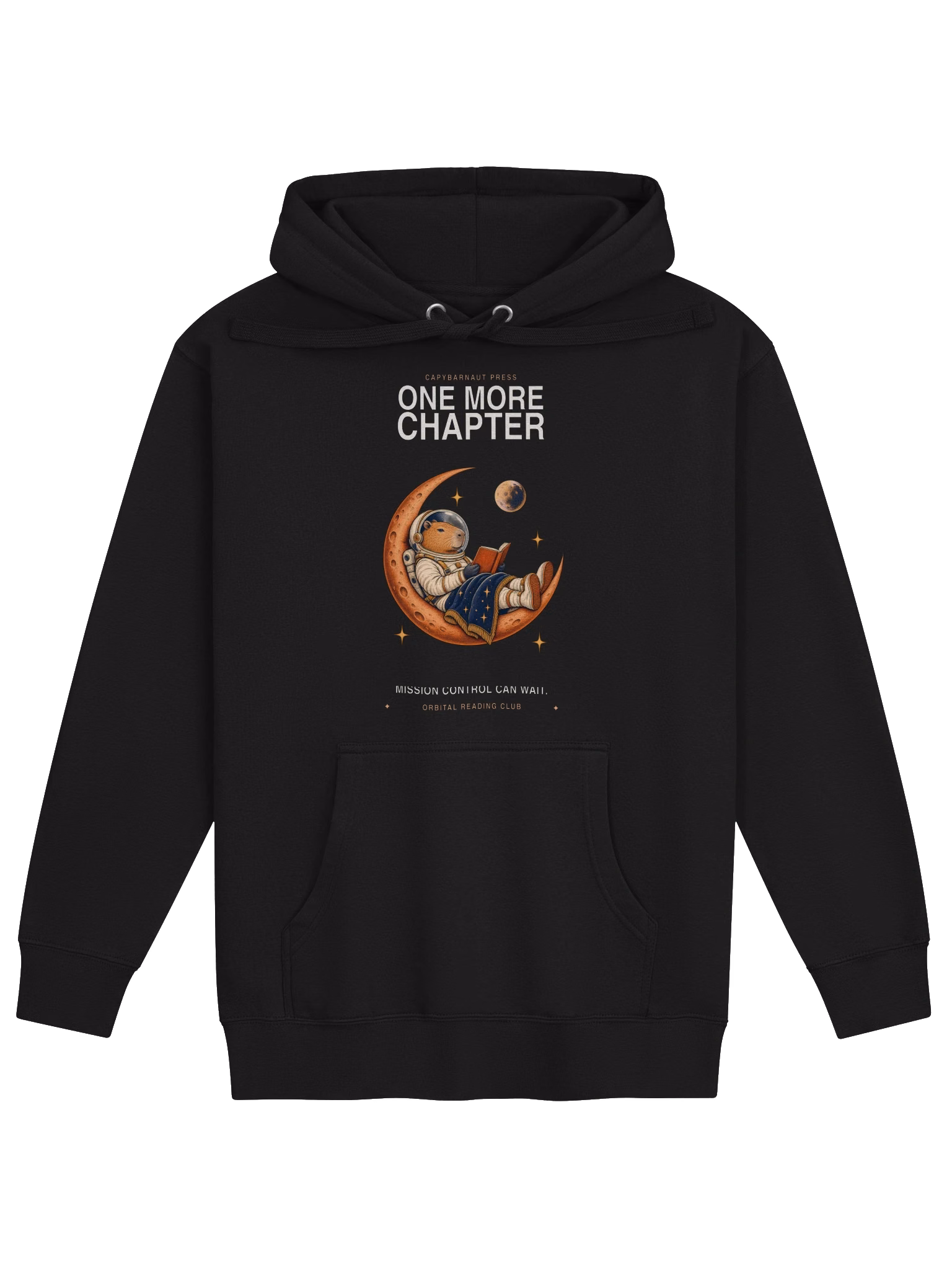 Supplier front view of the black One More Chapter Hoodie with its actual chest print size
