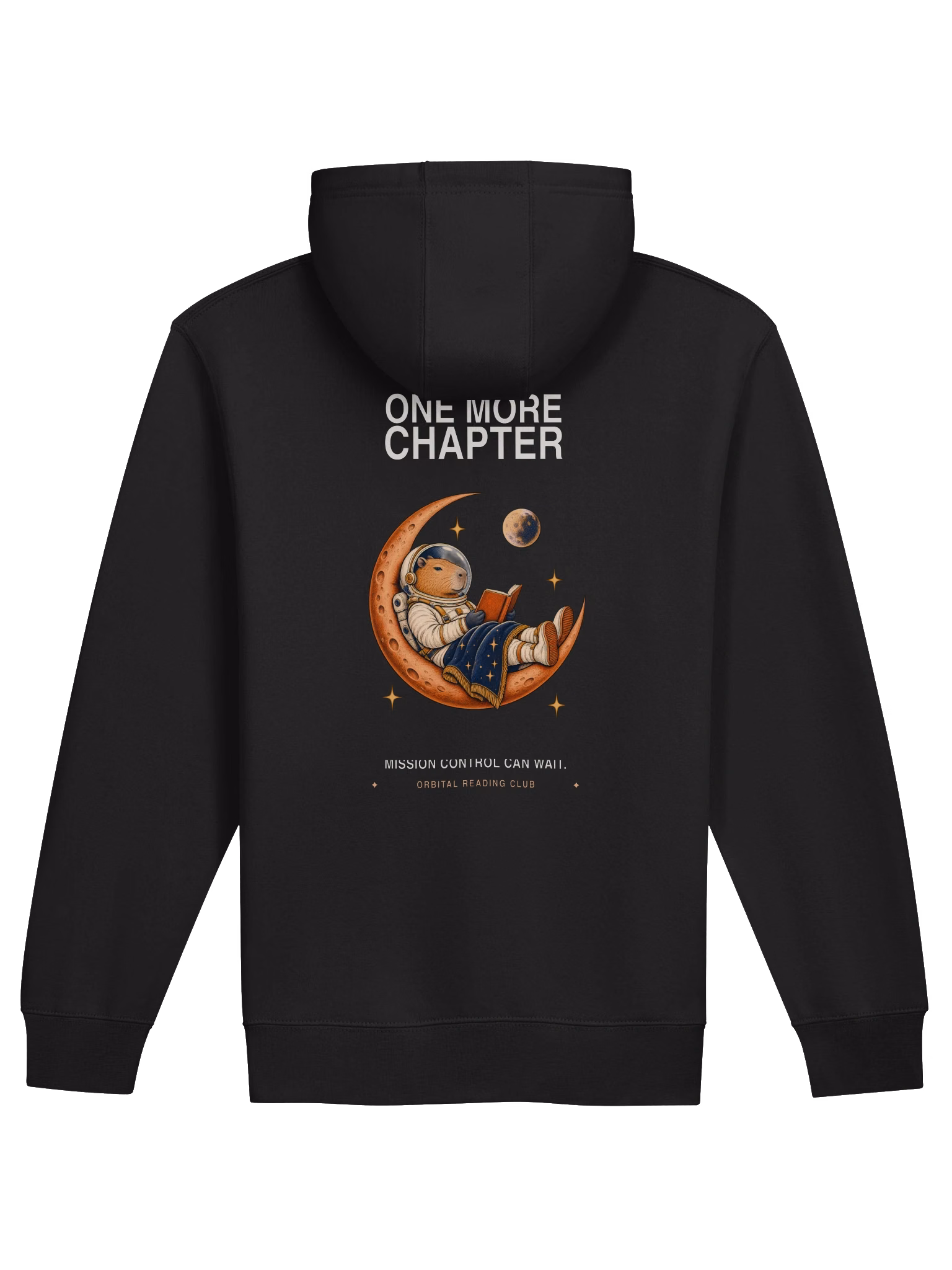 Supplier back view of the black One More Chapter Zip Hoodie showing the centered back print; the front is unprinted