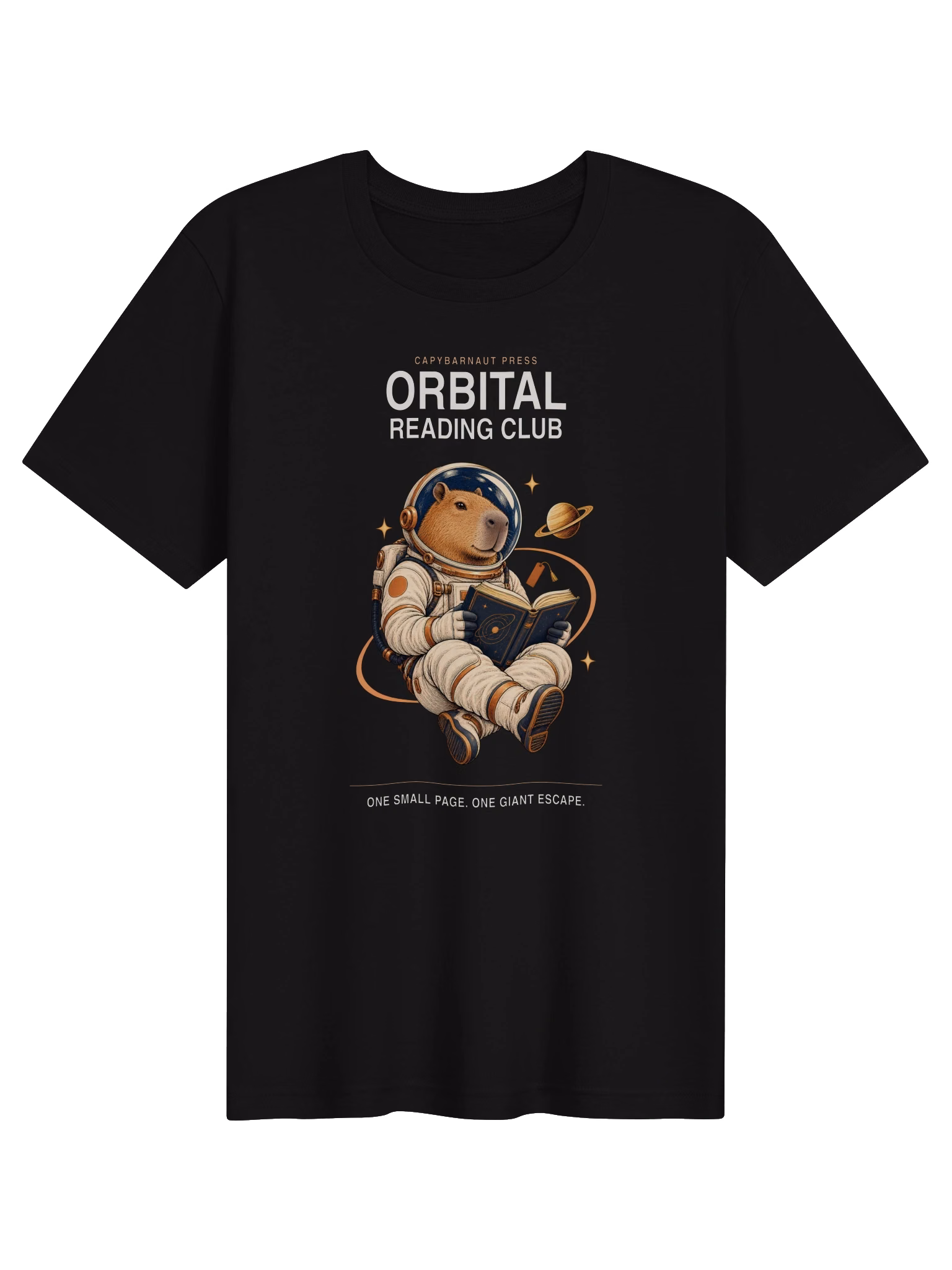 Supplier front view of the black Orbital Reading Club Tee with its actual chest print size